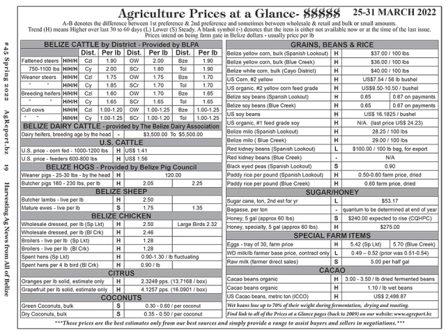Ag Report Belize | Agriculture Prices - Spring 2022 (Image)